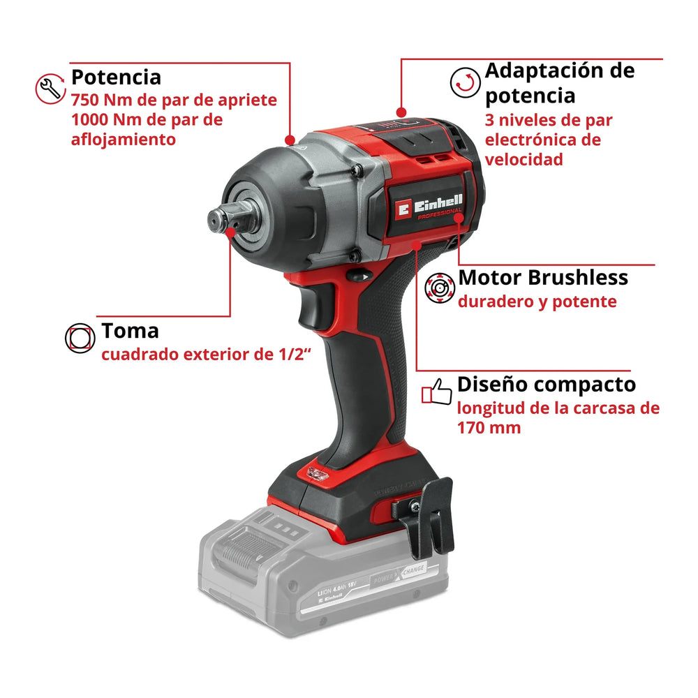 Llave de impacto inalámbrica Einhell TP-CW 18/750-C Li BL 750 Nm, imagen 3