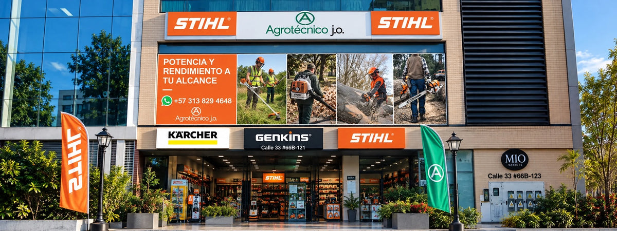 Fachada de la sede Bulerías de Agrotécnico j.o. en Medellín, distribuidor STIHL, Kärcher y Genkins