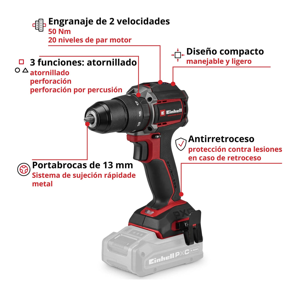 Taladro percutor inalámbrico compacto Einhell TP-CD 18/50-C Li-i BL, imagen 3