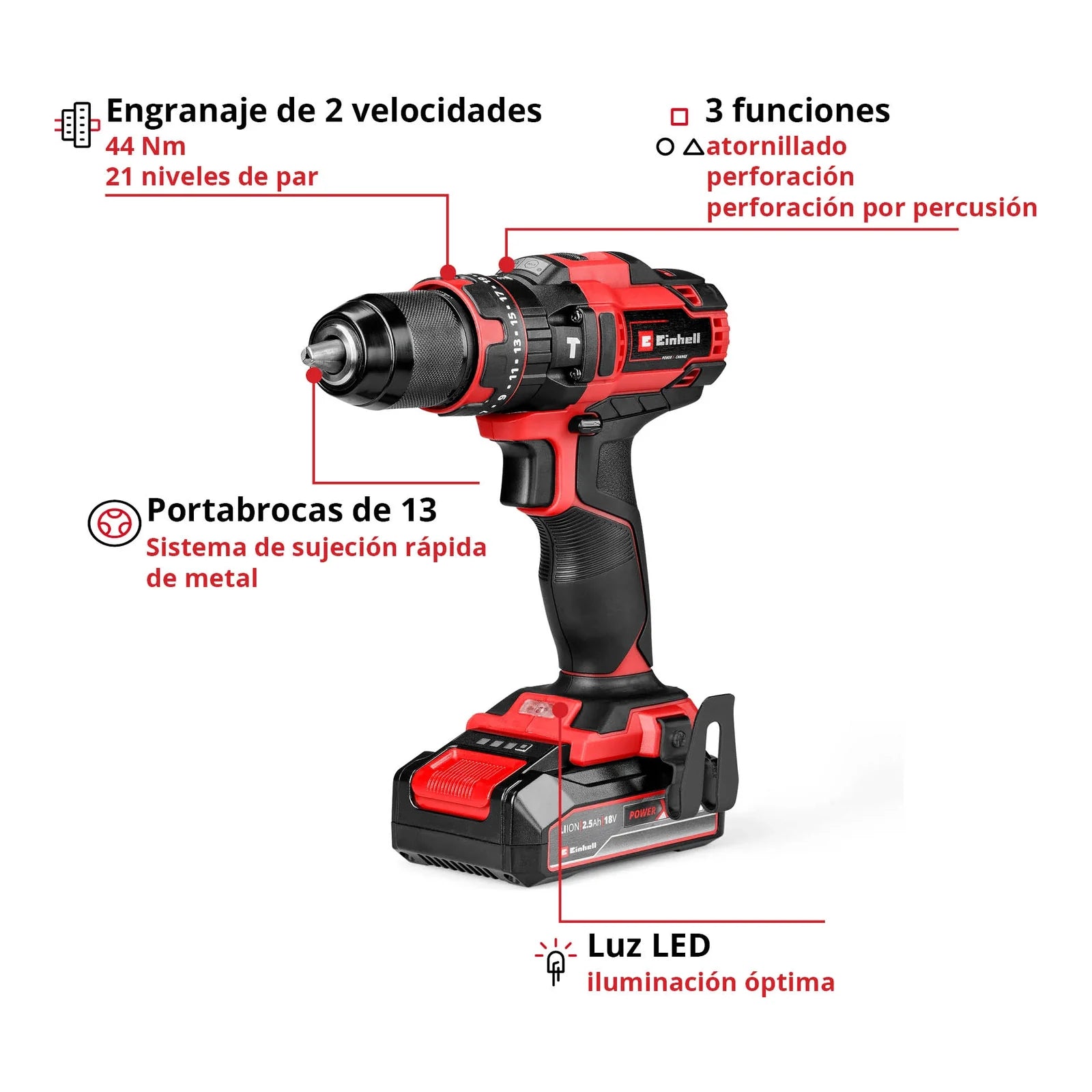 Taladro percutor inalámbrico Einhell TE-CD 18/44 Li-i 1/2" con batería 2,5 Ah, imagen 3