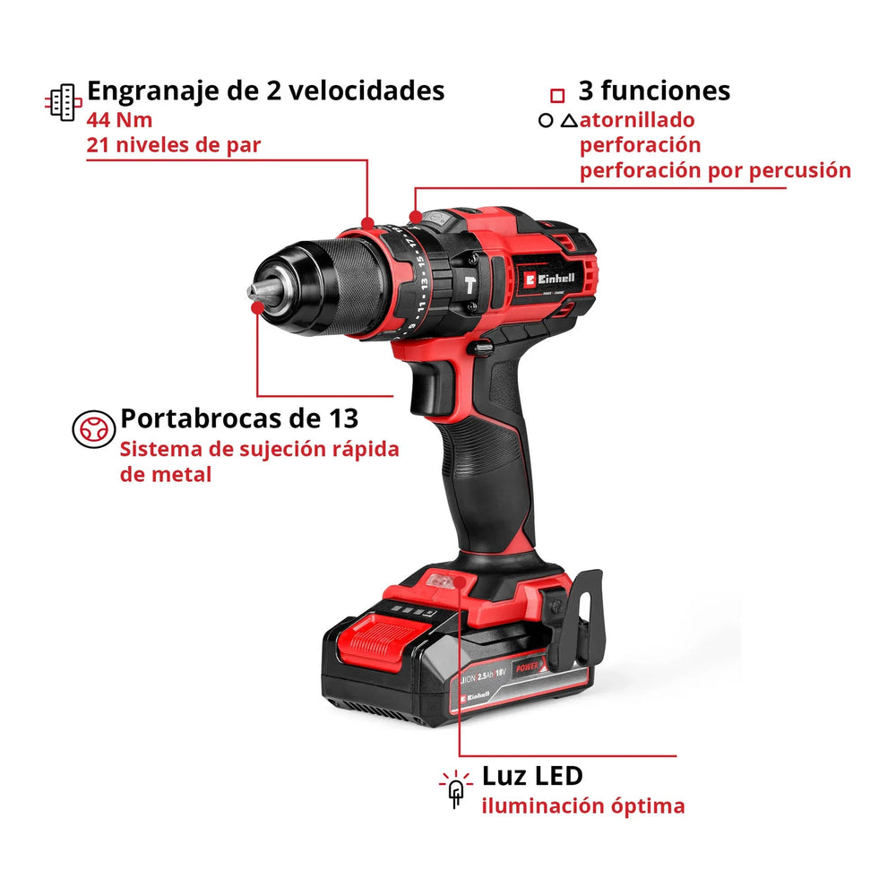 Taladro percutor inalámbrico Einhell TE-CD 18/44 Li-i 1/2" con batería 2,5 Ah, imagen 3